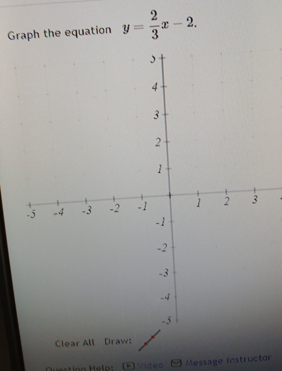 Graph the equation y= 2/3 x-2. 
Clear All Draw: 
Question Helo: ( Víde Message instructor