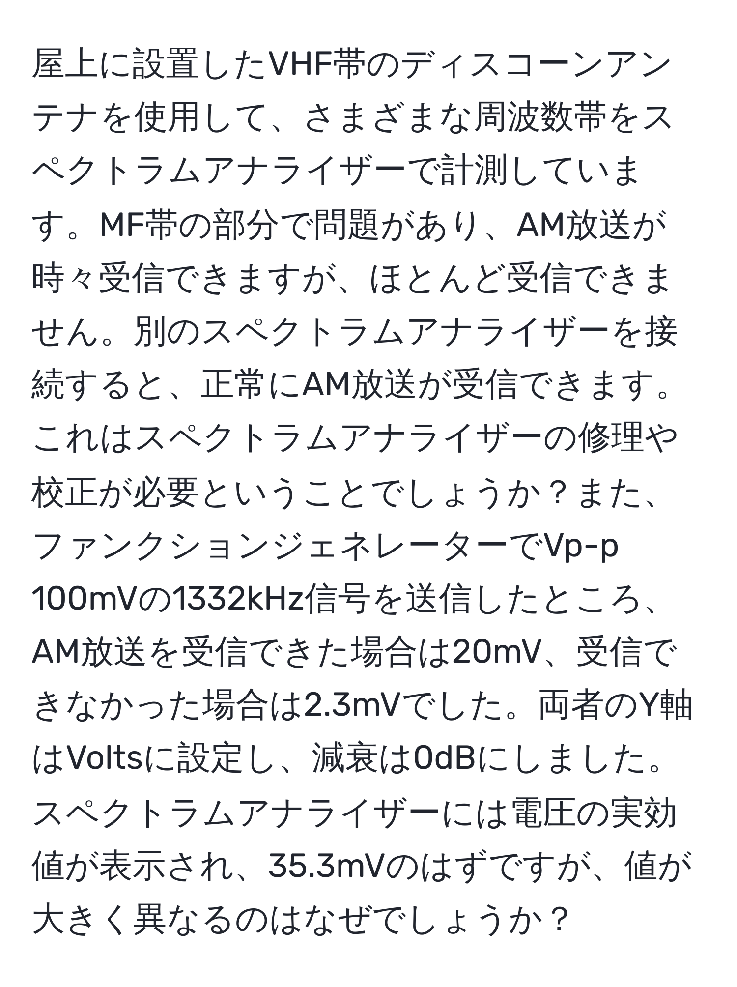 屋上に設置したVHF帯のディスコーンアンテナを使用して、さまざまな周波数帯をスペクトラムアナライザーで計測しています。MF帯の部分で問題があり、AM放送が時々受信できますが、ほとんど受信できません。別のスペクトラムアナライザーを接続すると、正常にAM放送が受信できます。これはスペクトラムアナライザーの修理や校正が必要ということでしょうか？また、ファンクションジェネレーターでVp-p 100mVの1332kHz信号を送信したところ、AM放送を受信できた場合は20mV、受信できなかった場合は2.3mVでした。両者のY軸はVoltsに設定し、減衰は0dBにしました。スペクトラムアナライザーには電圧の実効値が表示され、35.3mVのはずですが、値が大きく異なるのはなぜでしょうか？