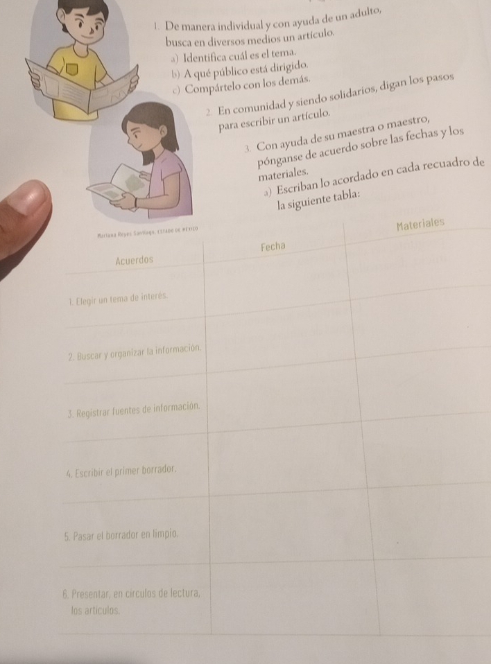 ra individual y con ayuda de un adulto, 
diversos medios un artículo 
ifica cuál es el tema. 
público está dirigido. 
pártelo con los demás. 
2. En comunidad y siendo solidarios, digan los pasos 
para escribir un artículo. 
3. Con ayuda de su maestra o maestro, 
pónganse de acuerdo sobre las fechas y los 
materiales. 
a) Escriban lo acordado en cada recuadro de 
tabla: