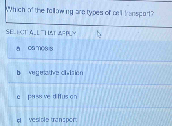 Solved: Which of the following are types of cell transport? SELECT ALL ...