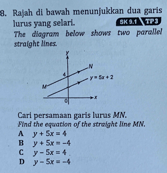 Rajah di bawah menunjukkan dua garis
lurus yang selari. SK 9.1 TP3
The diagram below shows two parallel
straight lines.
Cari persamaan garis lurus MN.
Find the equation of the straight line MN.
A y+5x=4
B y+5x=-4
C y-5x=4
D y-5x=-4