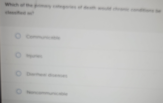 Which of the primary categories of death would chronic conditions se
classified as?
Communicable
Injuries
Diarrheal diseases
Noncommunicable