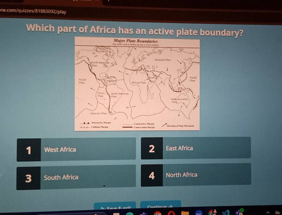 Which part of Africa has an active plate boundary?
1 West Africa 2 East Africa
3 South Africa 4 North Africa
. Caue 2. avit Cantinue