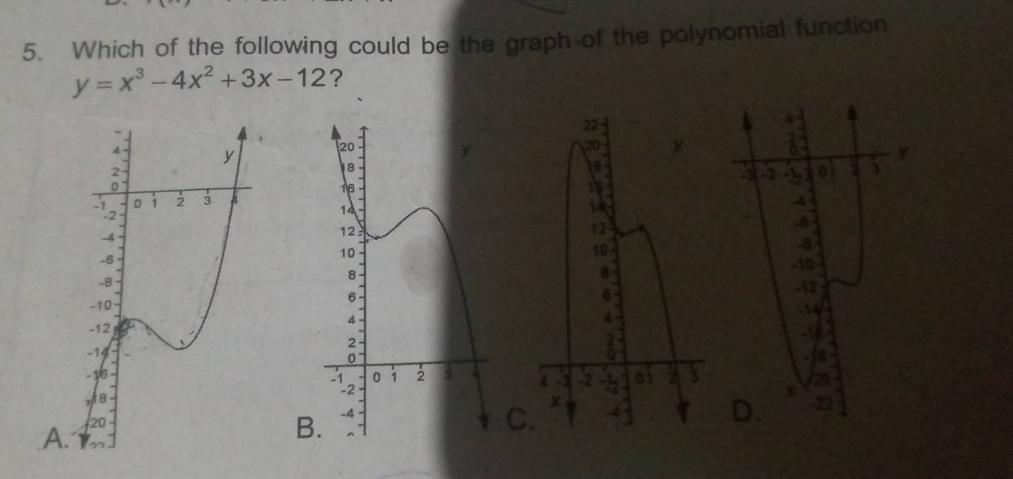 Which of the following could be the graph of the polynomial function
y=x^3-4x^2+3x-12 ? 

B. 
C