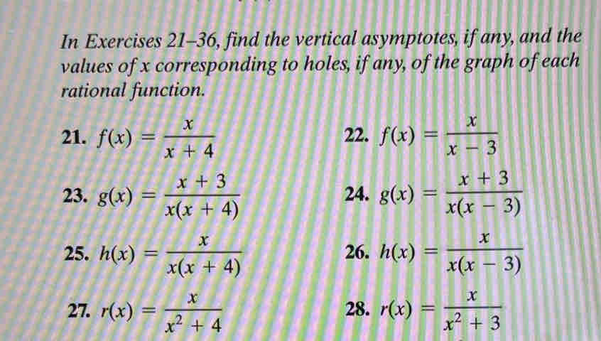 In Exercises 21-36, find the vertical asymptotes, if any, and the 
values of x corresponding to holes, if any, of the graph of each 
rational function. 
21. f(x)= x/x+4  22. f(x)= x/x-3 
23. g(x)= (x+3)/x(x+4)  24. g(x)= (x+3)/x(x-3) 
25. h(x)= x/x(x+4)  26. h(x)= x/x(x-3) 
27. r(x)= x/x^2+4  28. r(x)= x/x^2+3 