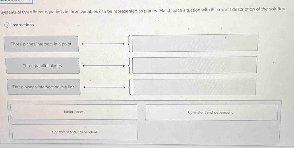 Systems of three linear equations in three variables can be represented as planes. Match each situation with its correct description of the solution.
Instructions
Three planes intersect in a point
Three parallel planes
Three planes intersecting in a line
Inconsistent Consistent and dependent
Consistent and independent