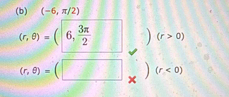 (-6,π /2)
(r,θ )=(6, 3π /2  ) (r>0)
(r,θ )=(□
(r<0)