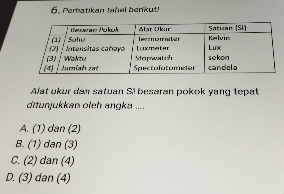 Perhatikan tabel berikut!
Alat ukur dam satuan Sĩ besaran pokok yang tepat
ditunjukkan oleh angka ....
A. (1) dan (2)
B. (1) dan (3)
C. (2) dan (4)
D. (3) dan (4)