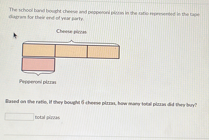 The school band bought cheese and pepperoni pizzas in the ratio represented in the tape 
diagram for their end of year party. 
Cheese pizzas 
Pepperoni pizzas 
Based on the ratio, if they bought 6 cheese pizzas, how many total pizzas did they buy? 
total pizzas