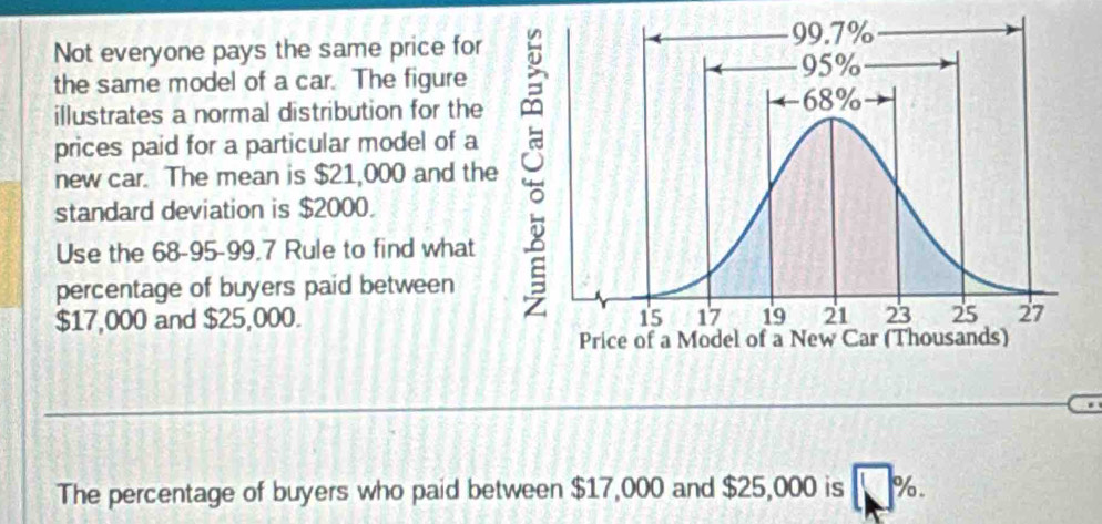 Not everyone pays the same price for 
the same model of a car. The figure 
illustrates a normal distribution for the 
prices paid for a particular model of a 
new car. The mean is $21,000 and th 
standard deviation is $2000. 
Use the 68-95-99.7 Rule to find what 
percentage of buyers paid between
$17,000 and $25,000. 
The percentage of buyers who paid between $17,000 and $25,000 is %.