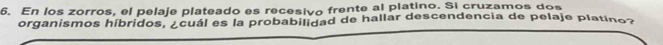 En los zorros, el pelaje plateado es recesivo frente al platino. Si cruzamos dos 
organismos híbridos, ¿cuál es la probabilidad de hallar descendencia de pelaje platino?