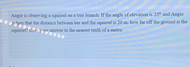 Angie is observing a squirrel on a tree branch. If the angle of elevation is 25° and Angie
judges that the distance between her and the squirrel is 20 m, how far off the ground is the
squirrel? Give your answer to the nearest tenth of a metre.