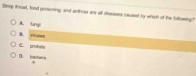Strep throat, food poisoning, and anthrax are all diseases caused by which of the following?
A. tungi
B.
C. prokimts
D. bactera