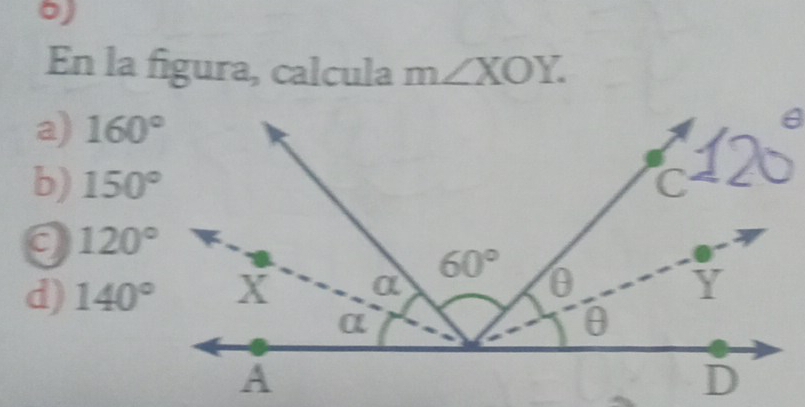 En la figura, calcula m∠ XOY.
a) 160°
b) 150°
120°
d) 140°