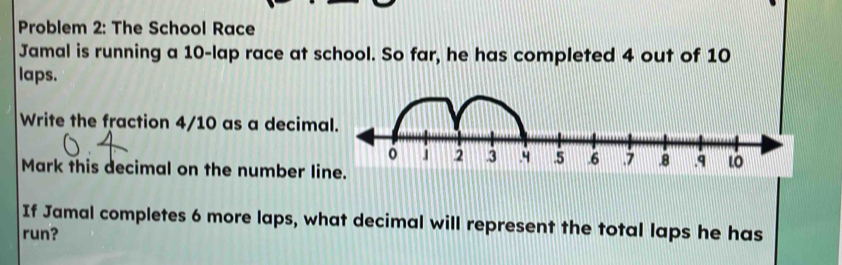 Problem 2: The School Race 
Jamal is running a 10-lap race at school. So far, he has completed 4 out of 10
laps. 
Write the fraction 4/10 as a decim 
Mark this decimal on the number li 
If Jamal completes 6 more laps, what decimal will represent the total laps he has 
run?