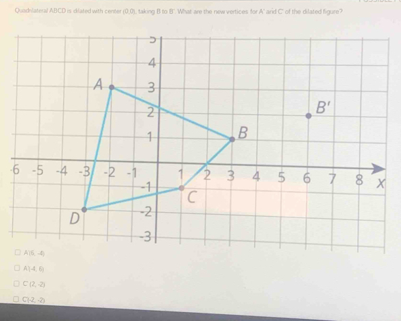 Quadnlateral ABCD is difated with center (0,0) ), taking B to B' ' What are the new vertices for A' arid C' of the dilated figure?
A'(-4,6)
C(2,-2)
C(-2,-2)