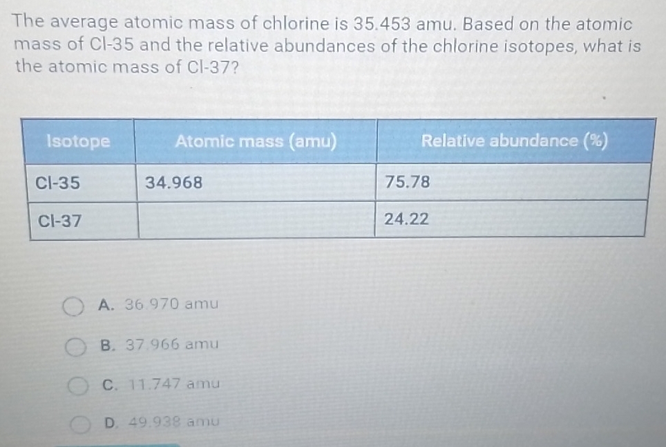 Solved: The average atomic mass of chlorine is 35.453 amu. Based on the ...