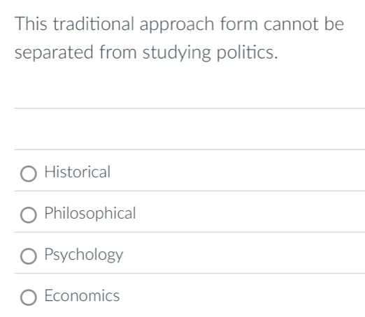 This traditional approach form cannot be
separated from studying politics.
Historical
Philosophical
Psychology
Economics