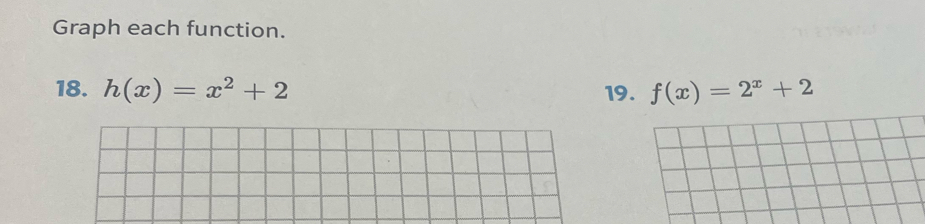 Graph each function. 
18. h(x)=x^2+2 19. f(x)=2^x+2