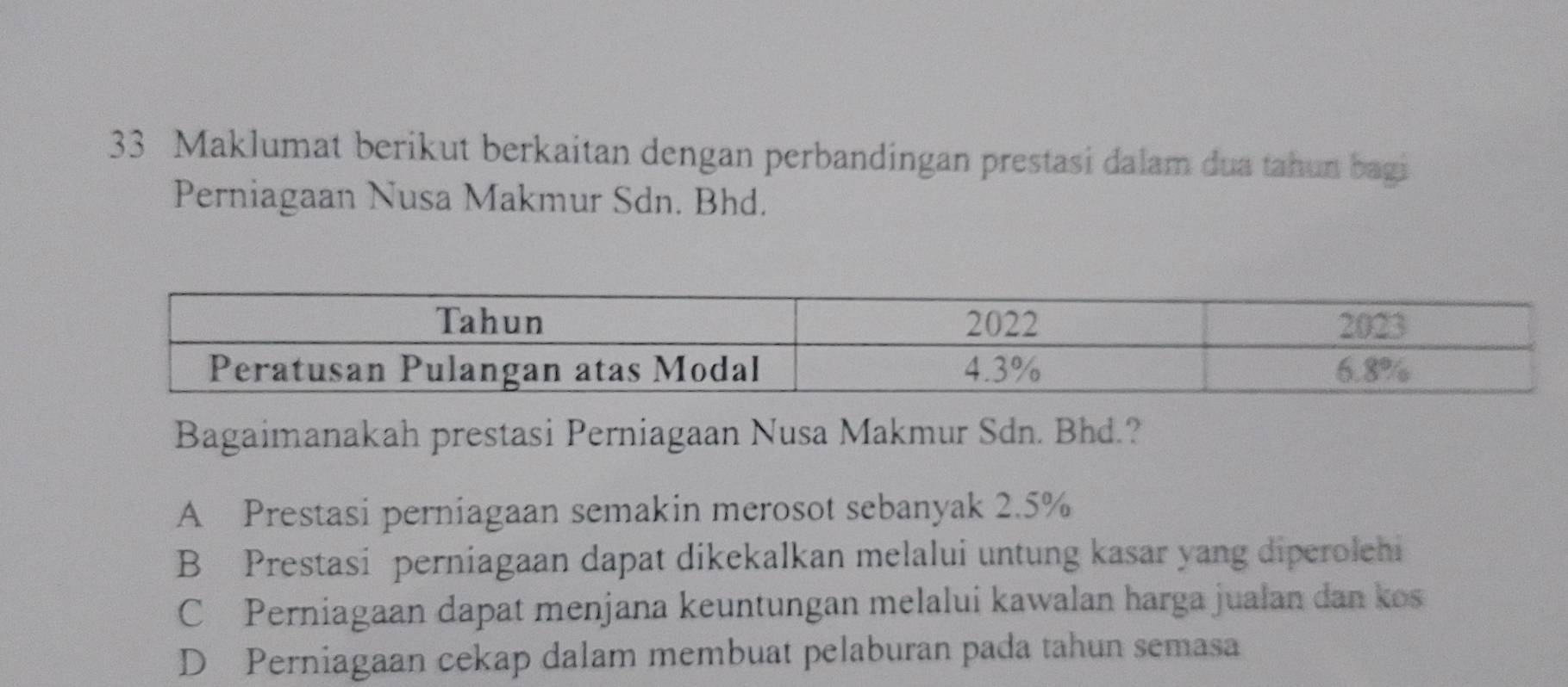 Maklumat berikut berkaitan dengan perbandingan prestasi dalam dua tahun bagi
Perniagaan Nusa Makmur Sdn. Bhd.
Bagaimanakah prestasi Perniagaan Nusa Makmur Sdn. Bhd.?
A Prestasi perniagaan semakin merosot sebanyak 2.5%
B Prestasi perniagaan dapat dikekalkan melalui untung kasar yang diperolehi
C Perniagaan dapat menjana keuntungan melalui kawalan harga jualan dan kos
D Perniagaan cekap dalam membuat pelaburan pada tahun semasa