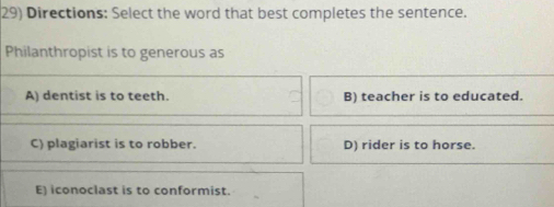 Directions: Select the word that best completes the sentence.
Philanthropist is to generous as
A) dentist is to teeth. B) teacher is to educated.
C) plagiarist is to robber. D) rider is to horse.
E) iconoclast is to conformist.