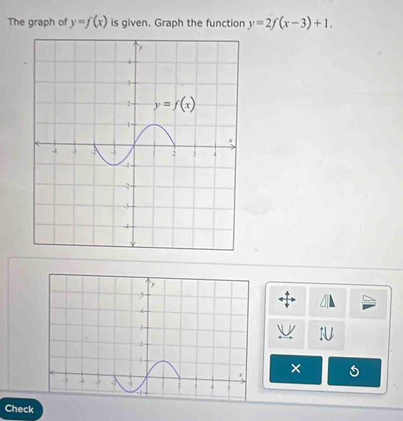 The graph of y=f(x) is given. Graph the function y=2f(x-3)+1.
IU
×
Check