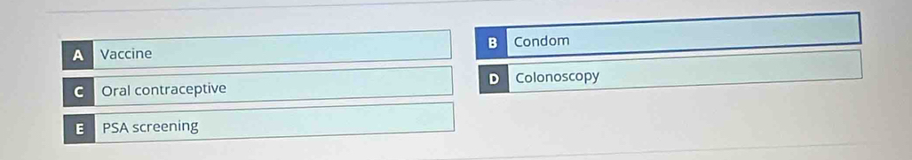 A Vaccine Condom
D
C Oral contraceptive Colonoscopy
E PSA screening