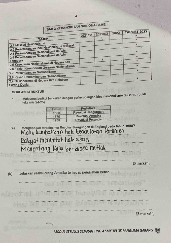 LISME 
SOALAN STRUKTUR 
1 Maklumat berikut berkaitan dengan perkembangan idea nasionalisme di Barat. (buku 
teks m/s 24-25) 
(a) Mengapakah tercetusnya Revolusi Keagungan di England pada tahun 1688? 
_ 
_ 
_ 
_ 
[3 markah] 
(b) Jelaskan reaksi orang Amerika terhadap penjajahan British. 
_ 
_ 
_ 
_ 
[3 markah] 
MODUL SETULUS SEJARAH TING 4 SMK TELOK PANGLIMA GARANG