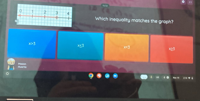 Which inequality matches the graph?
x>3
x≤ 3
x<3</tex> 
Mason
Huerta