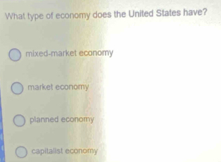 What type of economy does the United States have?
mixed-market economy
market economy
planned economy
capitalist economy