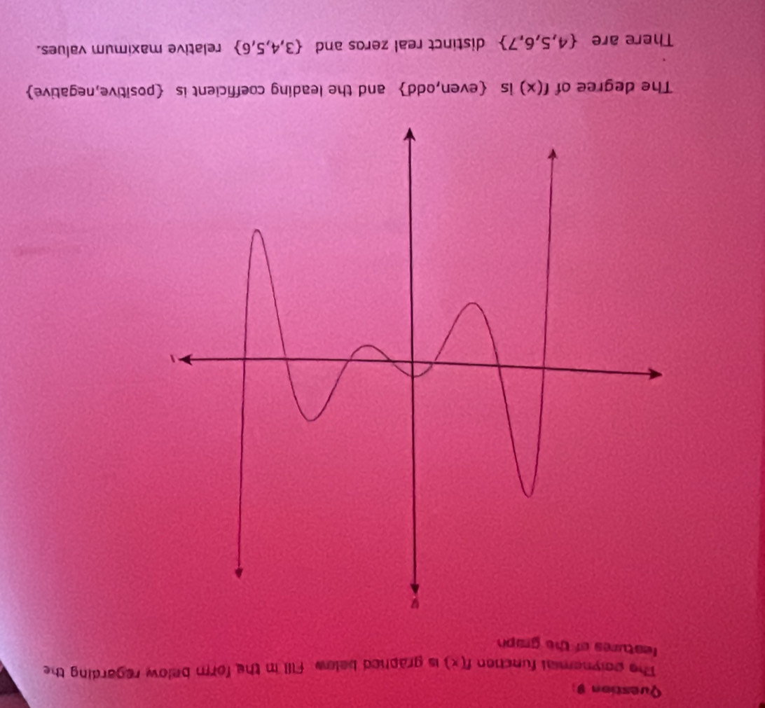 The polynemial function f(x) is graphed below. Fill in the form below regarding the 
leatures of the grapn 
The degree of f(x) is even,odd and the leading coefficient is positive,negative 
There are  4,5,6,7 distinct real zeros and  3,4,5,6 relative maximum values.