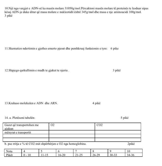 Një nga vargjet e ADN-së ka masën molare 31050g /mol.Përcaktoni masën molare të proteinës te koduar sipas 
kësaj ADN-je duke ditur që masa molare e nukleotidit është 345g/mol dhe masa e nje aminoacidi 100g /mol. 
3 pikë 
11.Skematizo ndertimin e gjethes emerto pjeset dhe pershkruaj funksionin e tyre: 6 pike 
12.Shpjego qarkullimin e madh te gjakut te njeriu . 3 pikë 
13.Krahaso molekulen e ADN dhe ARN. 4 pikē 
14. a. Plotësoni tabelën: 5 pikë 
b. pse rritja e % të CO2 nxit shpërbërjen e O2 nga hemoglobina. 2pikë