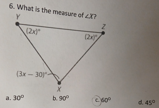 a. 30° b. 90° c. 60° d. 45°