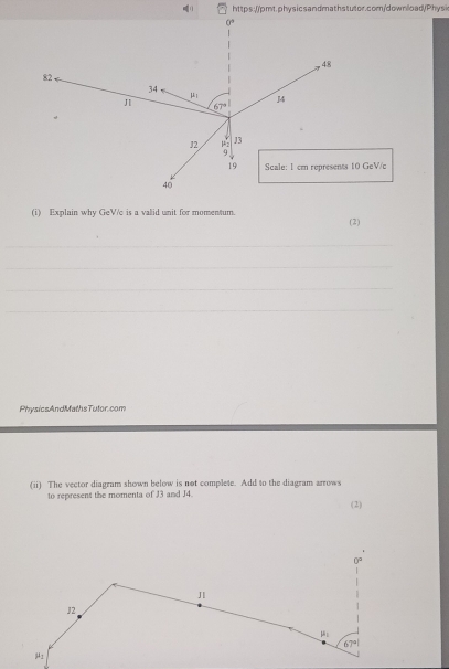 https:(//pmt.physicsandmathstutor.com/download/Physi
GeV/c
(i) Explain why GeV/c is a valid unit for momentum. (2)
_
_
_
_
PhysicsAndMathsTutor.com
(ii) The vector diagram shown below is not complete. Add to the diagram arrows
to represent the momenta of 13 and J4.
(2)