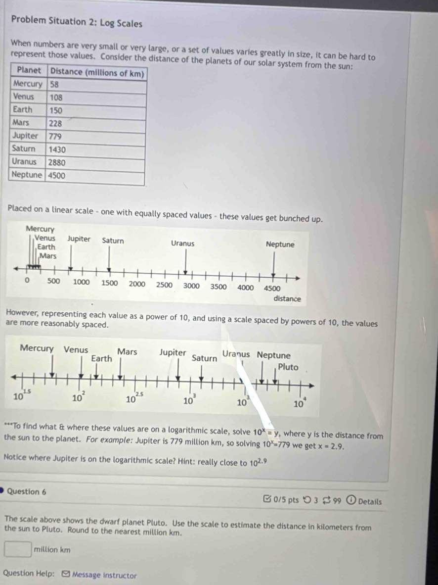 Problem Situation 2: Log Scales
When numbers are very small or very large, or a set of values varies greatly in size, it can be hard to
represent those values. Consider thance of the planets of our solar system from the sun:
Placed on a linear scale - one with equally spaced values - these values get bunched up.
Mercury
distance
However, representing each value as a power of 10, and using a scale spaced by powers of 10, the values
are more reasonably spaced.
***To find what & where these values are on a logarithmic scale, solve 10^x=y , where y is the distance from
the sun to the planet. For example: Jupiter is 779 million km, so solving 10^x=779 we get x=2.9.
Notice where Jupiter is on the logarithmic scale? Hint: really close to 10^(2.9)
Question 6 □ 0/5 pts つ 3 Details
The scale above shows the dwarf planet Pluto. Use the scale to estimate the distance in kilometers from
the sun to Pluto. Round to the nearest million km.. million km
Question Help: [ Message instructor
