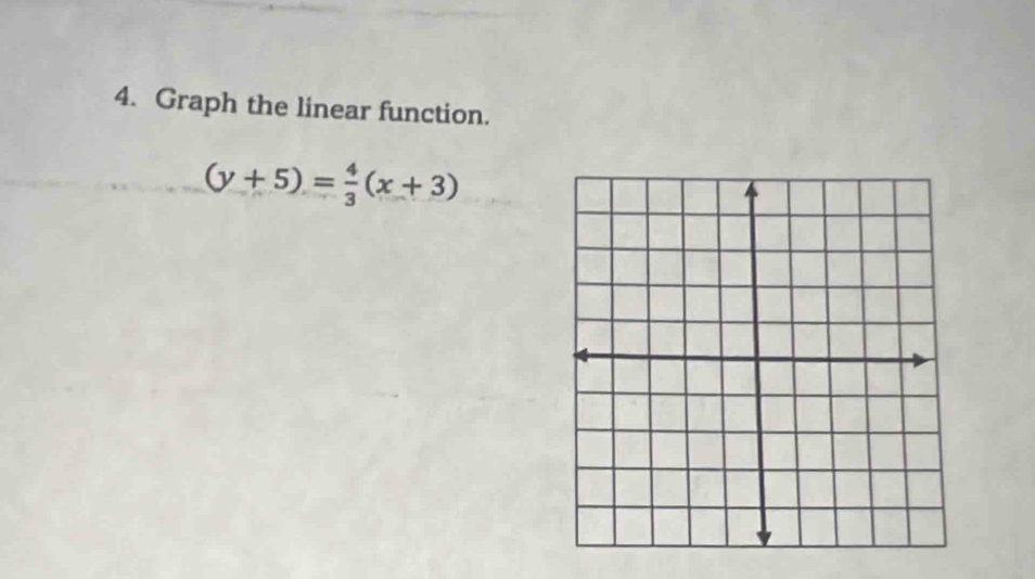 Graph the linear function.
(y+5)= 4/3 (x+3)