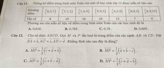 Câu II. Thống kê điểm trung bình môn Toán của một số học sinh lớp 12 được mẫu số liệu sau
Phương sai của mẫu số liệu về điểm trung bình môn Toán của các học sinh đó là
A. 0,616 . B. 0,785 . C. 0,78 . D. 0,609 .
Câu 12. Cho tứ diện ABCD. Gọi M và P lần lượt là trung điểm của các cạnh AB và CD . Đặt
vector BA=vector b,vector AC=vector c,vector AD=vector d Khẳng định nào sau đây là đúng?
A. vector MP= 1/2 (vector c+vector d+vector b). vector MP= 1/2 (vector d+vector b-vector c).
B.
C. vector MP= 1/2 (vector c+vector b-vector d). vector MP= 1/2 (vector c+vector d-vector b).
D.