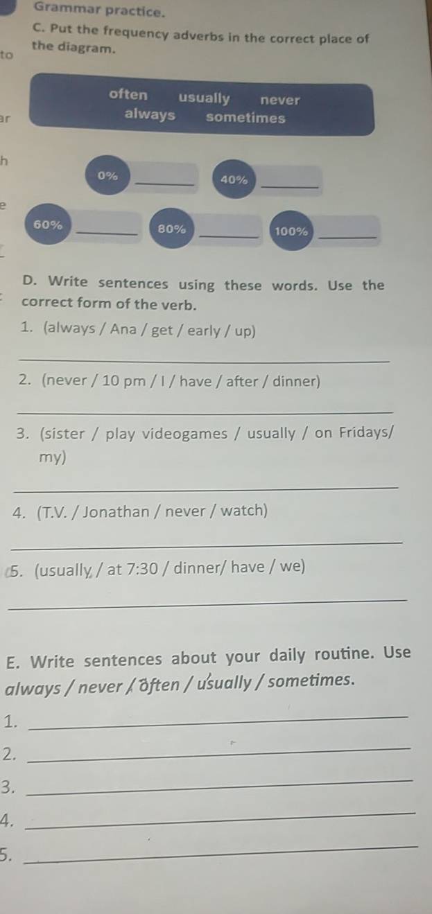 Grammar practice.
C. Put the frequency adverbs in the correct place of
the diagram.
to
often usually never
always
r sometimes
h
0%
_ 40% _
60% _ 80%
_ 100% _
D. Write sentences using these words. Use the
correct form of the verb.
1. (always / Ana / get / early / up)
_
2. (never / 10 pm / I / have / after / dinner)
_
3. (sister / play videogames / usually / on Fridays/
my)
_
4. (T.V. / Jonathan / never / watch)
_
5. (usually / at 7:30/ dinner/ have / we)
_
E. Write sentences about your daily routine. Use
always / never / often / usually / sometimes.
1.
_
2.
_
3.
_
4.
_
5.
_