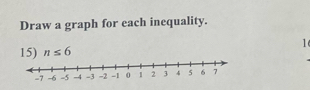 Draw a graph for each inequality. 
15) n≤ 6 1