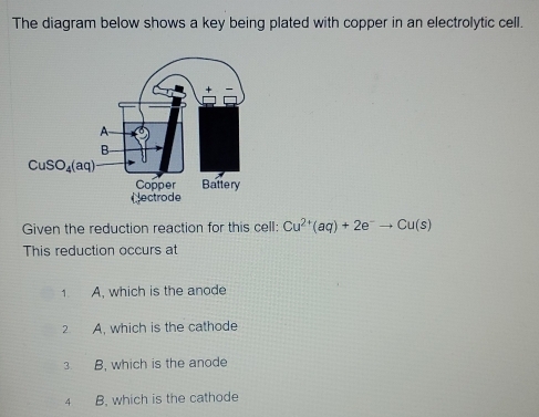 The diagram below shows a key being plated with copper in an electrolytic cell.
Given the reduction reaction for this cell: Cu^(2+)(aq)+2e^-to Cu(s)
This reduction occurs at
1. A, which is the anode
2 A, which is the cathode
3 B, which is the anode
4 B. which is the cathode