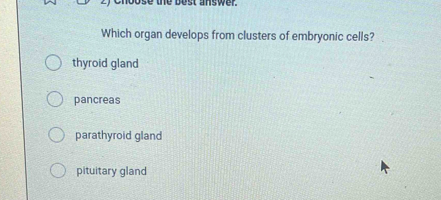 es t answe .
Which organ develops from clusters of embryonic cells?
thyroid gland
pancreas
parathyroid gland
pituitary gland