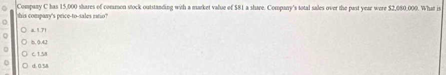 Company C has 15,000 shares of common stock outstanding with a market value of $81 a share. Company’s total sales over the past year were $2,080,000. What is
this company's price-to-sales ratio?
a. 1.71
b, 0.42
C. 1.58
d. 0.58