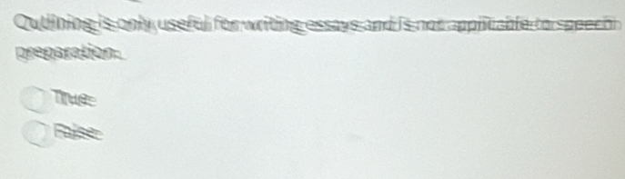 Outlining is only useful for writing essays and is not applicable to speeco n 
preparation.
Trues
False