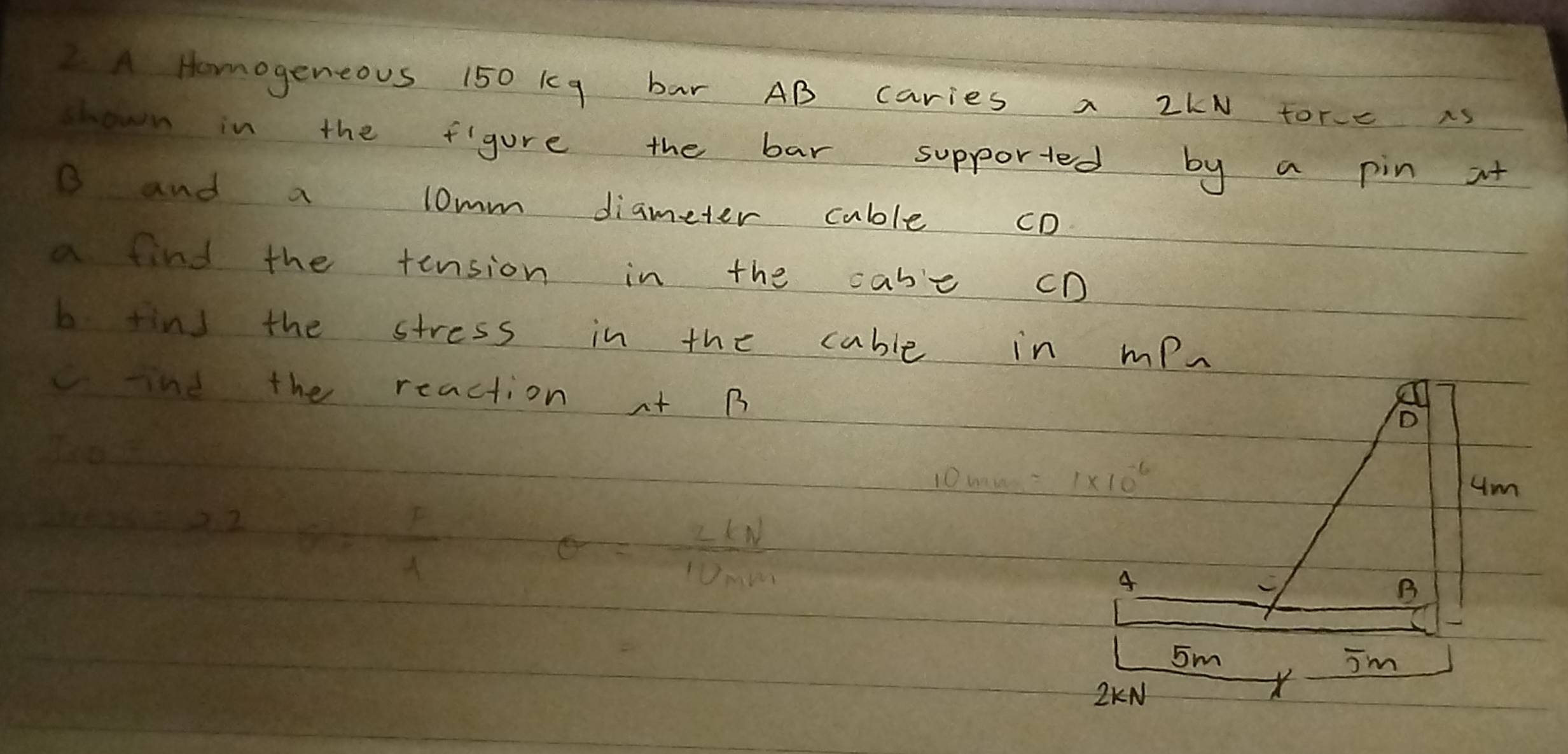 Solved: AHomogeneous 150 kg bar AB caries a 2KN tore is in the figure ...