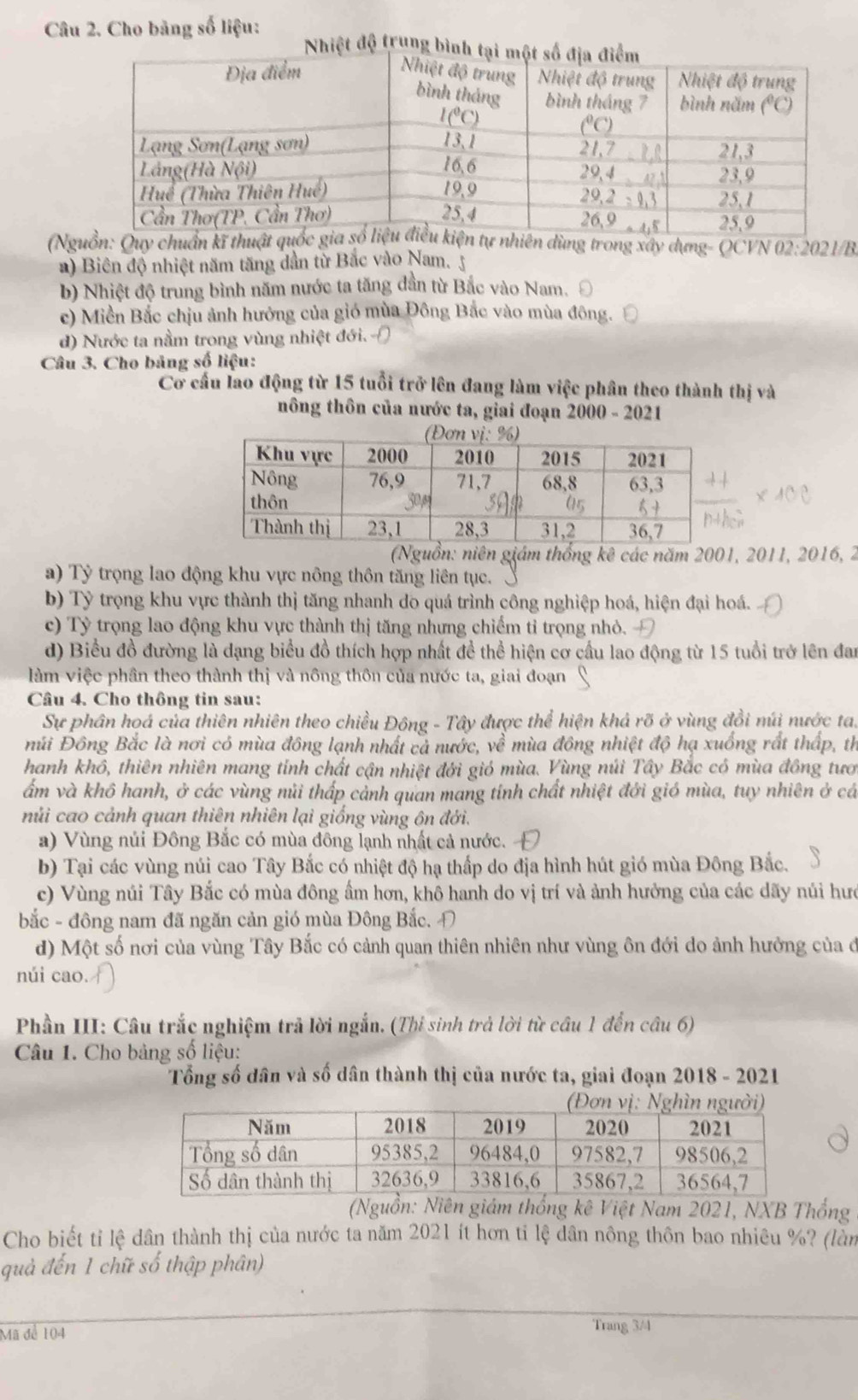 Cho bảng số liệu:
(Ng: Quy chuẩn kĩên dùng trong xây dựng- OČVN 02:2021/B
a) Biên độ nhiệt năm tăng dần từ Bắc vào Nam. 5
b) Nhiệt độ trung bình năm nước ta tăng dần từ Bắc vào Nam. Đ
c) Miền Bắc chịu ảnh hưởng của gió mùa Đông Bắc vào mùa đông.
d) Nước ta nằm trong vùng nhiệt đới. 
Câu 3. Cho bảng số liệu:
Cơ cầu lao động từ 15 tuổi trở lên đang làm việc phân theo thành thị và
nông thôn của nước ta, giai đoạn 2000 - 2021
(Nguồn: niên giám thống kê các năm 2001, 2011, 2016, 2
a) Tỷ trọng lao động khu vực nông thôn tăng liên tục.
b) Tỷ trọng khu vực thành thị tăng nhanh do quá trình công nghiệp hoá, hiện đại hoá.
c) Tỷ trọng lao động khu vực thành thị tăng nhưng chiếm tỉ trọng nhỏ.
d) Biểu đồ đường là dạng biểu đồ thích hợp nhất đề thể hiện cơ cầu lao động từ 15 tuổi trở lên đan
làm việc phần theo thành thị và nông thôn của nước ta, giai đoạn
Câu 4. Cho thông tin sau:
Sự phân hoá của thiên nhiên theo chiều Đông - Tây được thể hiện khả rõ ở vùng đổi múi nước ta.
núi Đông Bắc là nơi có mùa đông lạnh nhất cả nước, về mùa đông nhiệt độ hạ xuống rất thấp, th
hanh khô, thiên nhiên mang tính chất cận nhiệt đới gió mùa. Vùng núi Tây Bắc có mùa đồng tưới
ẩm và khô hanh, ở các vùng nủi thấp cảnh quan mang tính chất nhiệt đới gió mùa, tuy nhiên ở cá
núi cao cảnh quan thiên nhiên lại giống vùng ôn đới.
a) Vùng nủi Đông Bắc có mùa đông lạnh nhất cả nước.
b) Tại các vùng núi cao Tây Bắc có nhiệt độ hạ thấp do địa hình hút gió mùa Đông Bắc.
c) Vùng núi Tây Bắc có mùa đông ẩm hơn, khô hanh do vị trí và ảnh hưởng của các dãy núi hưc
bắc - đông nam đã ngăn cản gió mùa Đông Bắc. Đ
d) Một số nơi của vùng Tây Bắc có cảnh quan thiên nhiên như vùng ôn đới do ảnh hưởng của đ
núi cao.
Phần III: Câu trắc nghiệm trả lời ngắn. (Thi sinh trả lời từ câu 1 đến câu 6)
Câu 1. Cho bảng số liệu:
Tổng số dân và số dân thành thị của nước ta, giai đoạn 2018 - 2021
(Nguồn: Niên giám thống kê Việt Nam 2021, NXB Thống
Cho biết tỉ lệ dân thành thị của nước ta năm 2021 ít hơn tỉ lệ dân nông thôn bao nhiêu %? (làn
quả đến 1 chữ số thập phân)
Mã để 104 Trang 3/4