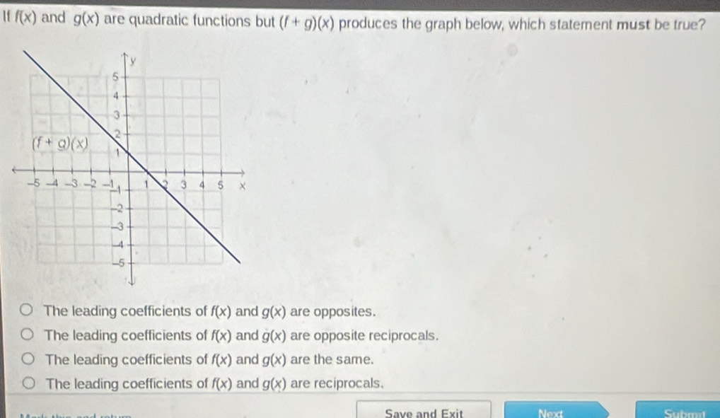 If f(x) and g(x) are quadratic functions but (f+g)(x) produces the graph below, which statement must be true?
The leading coefficients of f(x) and g(x) are opposites.
The leading coefficients of f(x) and g(x) are opposite reciprocals.
The leading coefficients of f(x) and g(x) are the same.
The leading coefficients of f(x) and g(x) are reciprocals.
Save and Exit Nex Submit