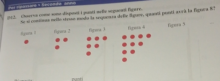 Per ripassare • Secondo anno 
D12. Osserva come sono disposti i punti nelle seguenti figure. 
Se si continua nello stesso modo la sequenza delle figure, quanti punti avrà la figura 87 
figura I figura 2 figura 3 figura 4 figura 5 
punti