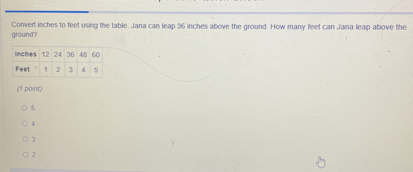 Convert inches to feet using the table. Jana can leap 36 inches above the ground. How many feet can Jana leap above the
ground?
(1 point)
5
4
3
2