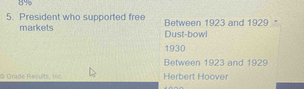 8%
5. President who supported free Between 1923 and 1929
markets
Dust-bowl
1930
Between 1923 and 1929
© Grade Results, Inc Herbert Hoover