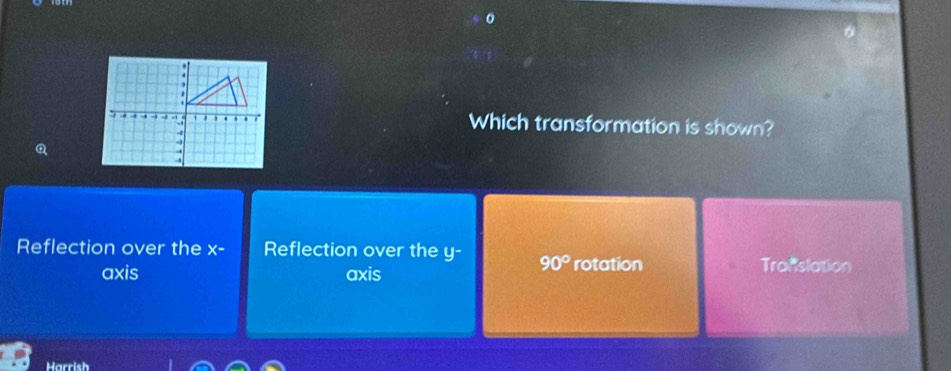 Which transformation is shown?
Reflection over the x - Reflection over the y- 90° rotation
axis axis Translation
Harrish